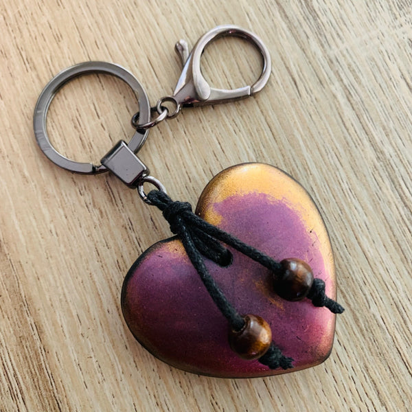 HARMONIC HEART Keyring/Bag Charm ~ Orgone/Shungite in Resin  ~ Purple/Oranges