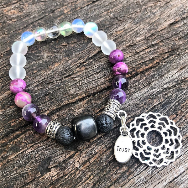 Shungite Amplified CROWN Chakra Bracelet with CROWN CHAKRA and TRUST Charms ~ Medium [#34]