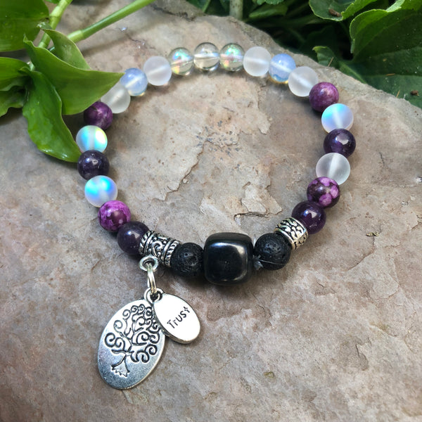 Shungite Amplified CROWN Chakra Bracelet with Tree of Life and TRUST Charms ~ Large [#32]