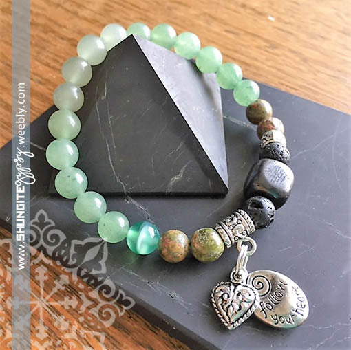 Shungite Amplified HEART Chakra Bracelet ~ GREEN ~ Follow your HEART charms ~ Large [#22]