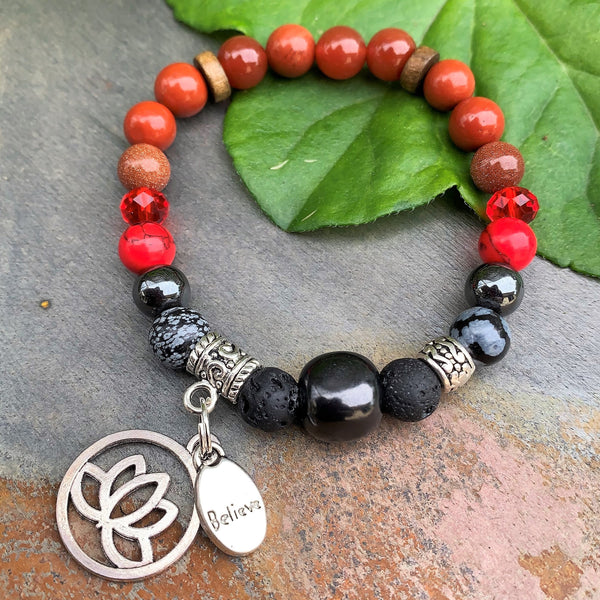 Shungite Amplified ROOT Chakra Bracelet ~ LOTUS and BELIEVE Charms ~ Small [#34]